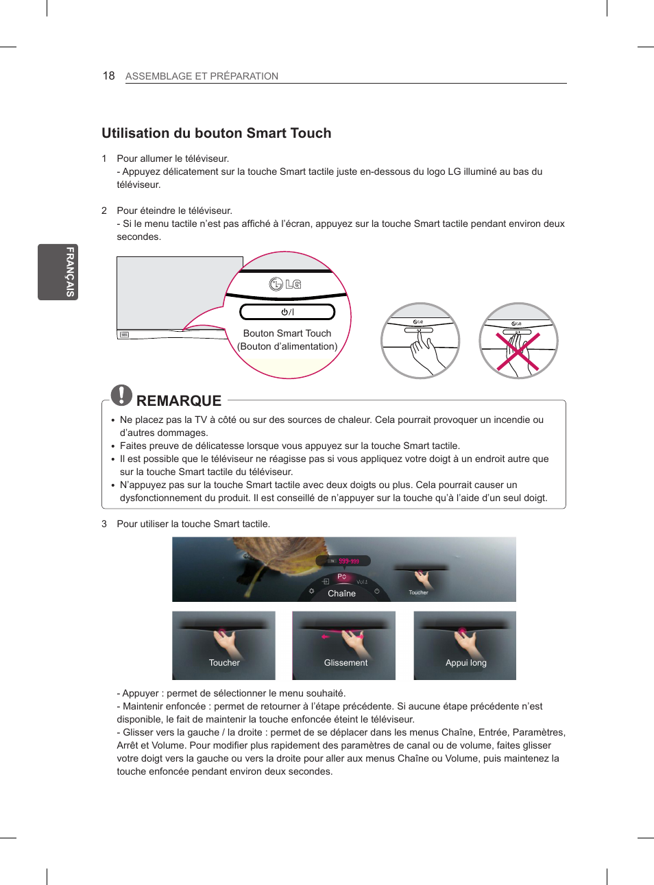 Remarque, Utilisation du bouton smart touch | LG 55EA880V User Manual | Page 114 / 316