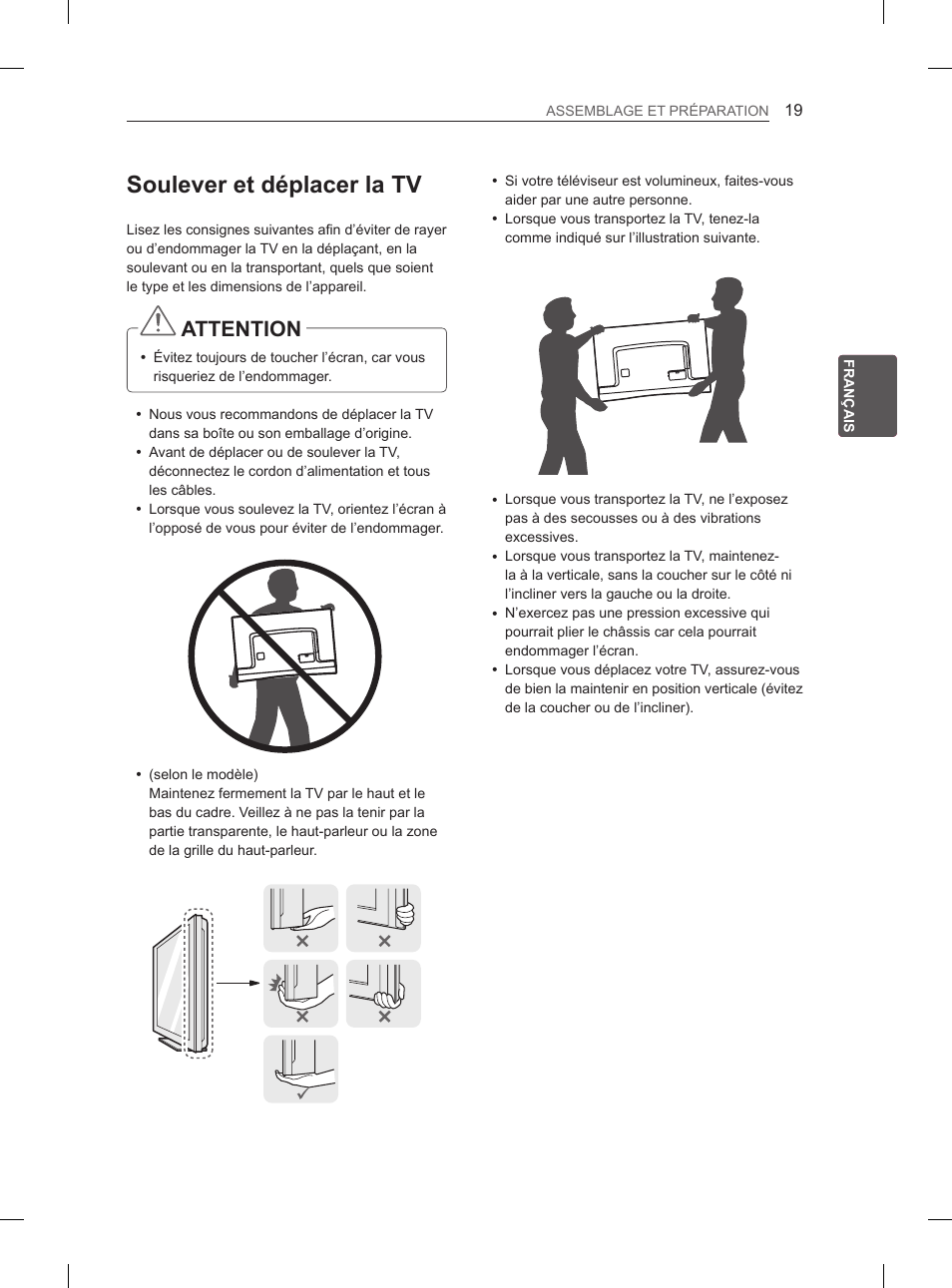 Soulever et déplacer la tv, Attention | LG 55EA880V User Manual | Page 115 / 316
