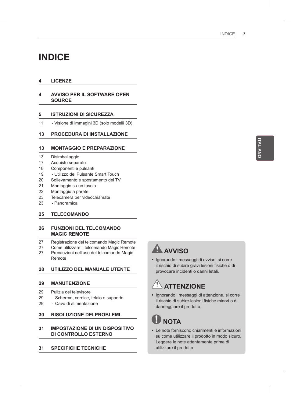Indice, Avviso, Attenzione | Nota | LG 55EA880V User Manual | Page 129 / 316