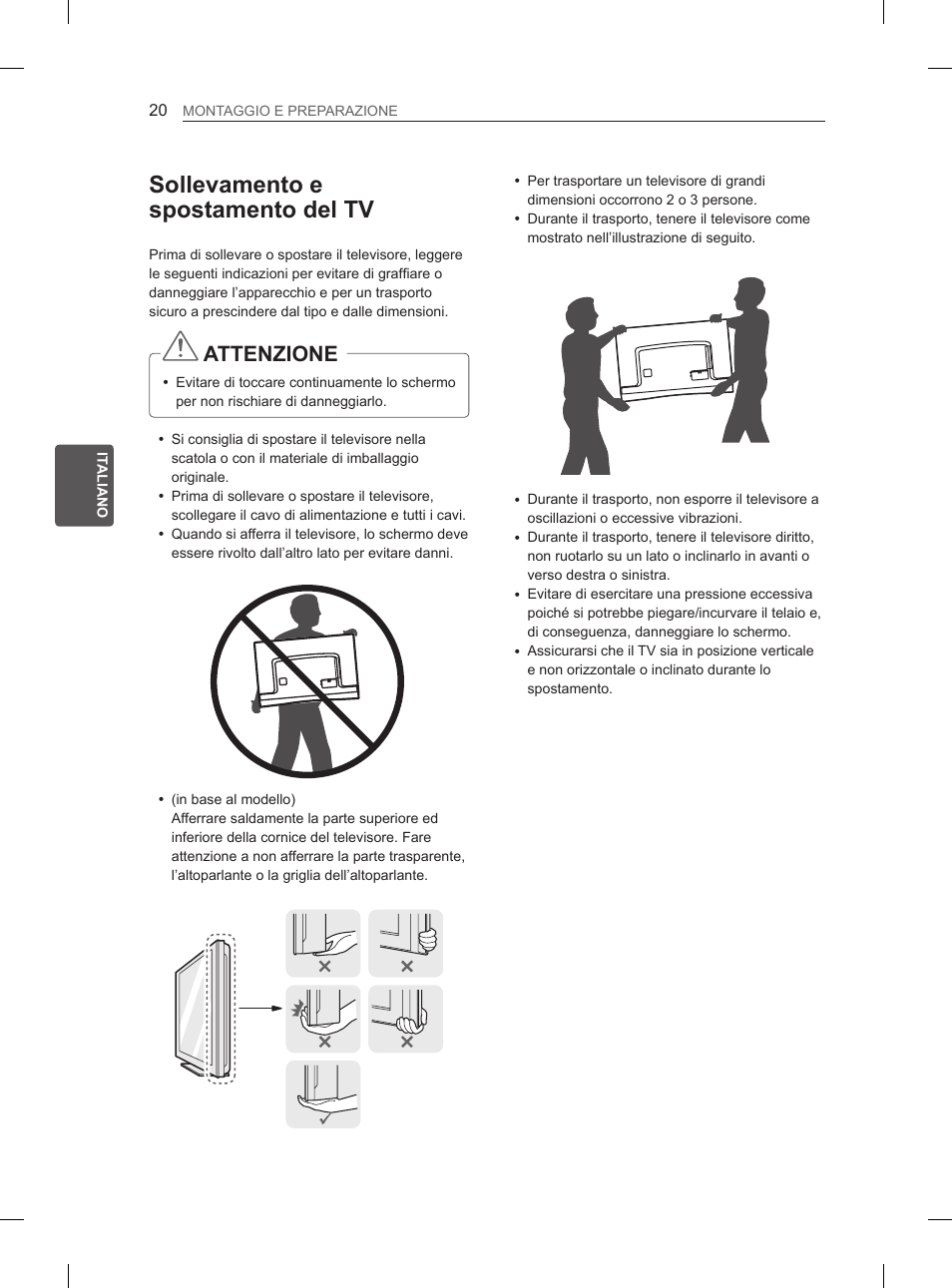 Sollevamento e spostamento del tv, Attenzione | LG 55EA880V User Manual | Page 146 / 316