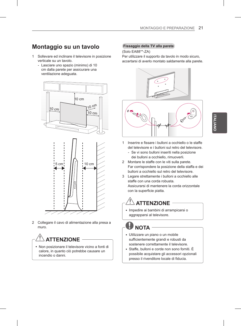 Montaggio su un tavolo, Attenzione, Nota | LG 55EA880V User Manual | Page 147 / 316