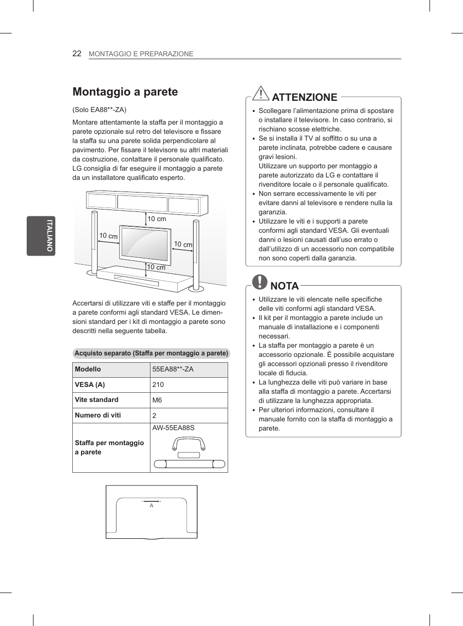 Montaggio a parete, Attenzione, Nota | LG 55EA880V User Manual | Page 148 / 316