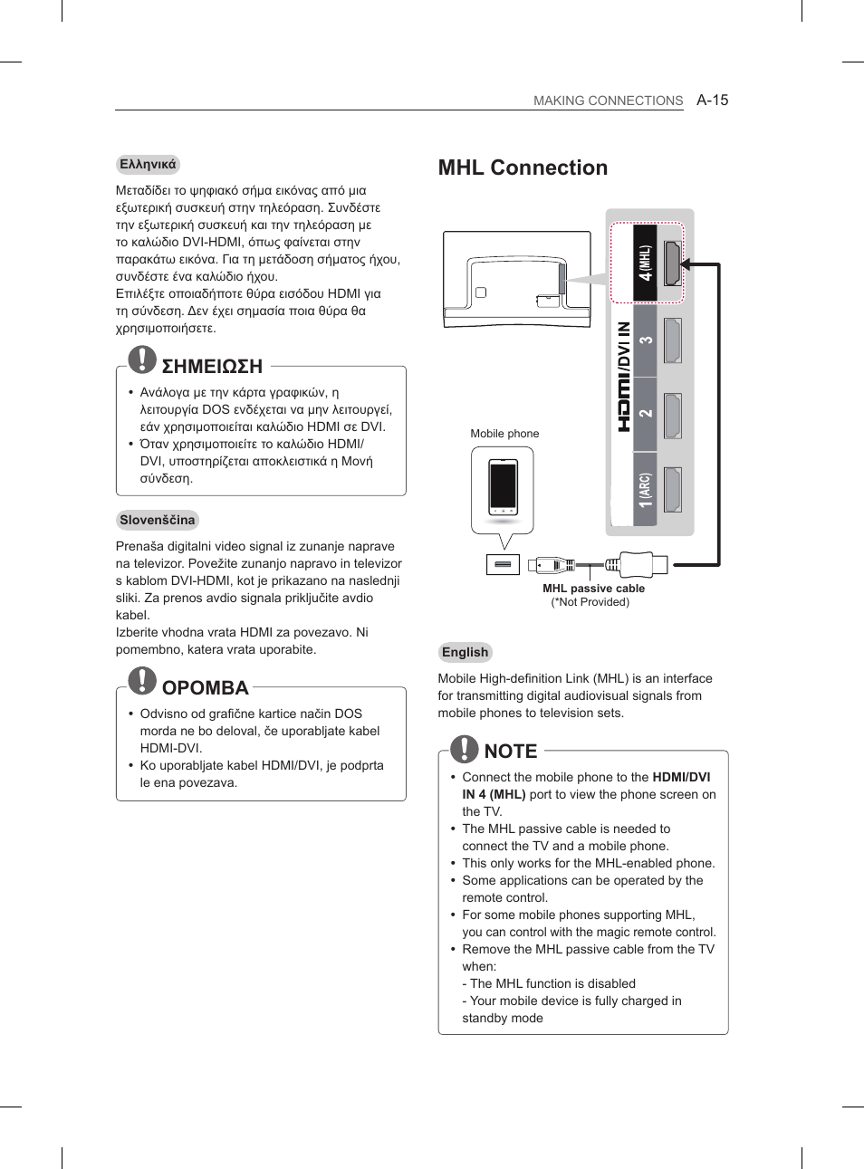 Mhl connection, Σημειωση, Opomba | LG 55EA880V User Manual | Page 15 / 316