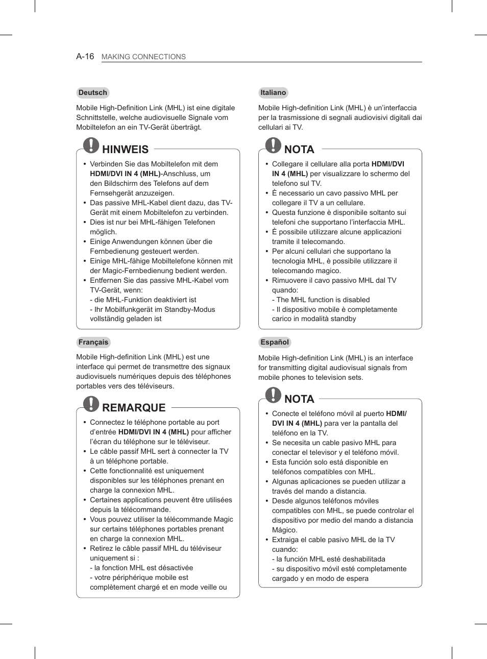 Hinweis, Remarque, Nota | LG 55EA880V User Manual | Page 16 / 316