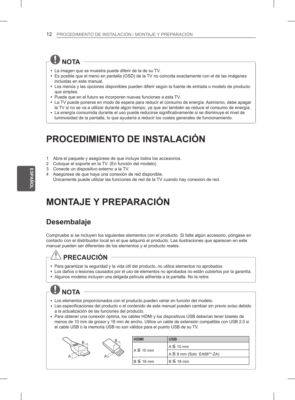 Procedimiento de instalación, Montaje y preparación, Desembalaje | Nota, Precaución | LG 55EA880V User Manual | Page 172 / 316