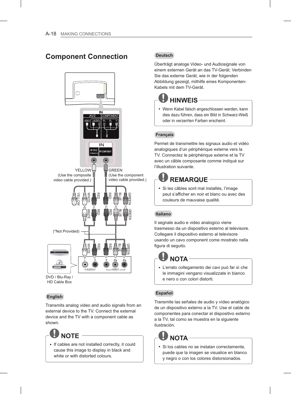 Component connection, Hinweis, Remarque | Nota, A-18 | LG 55EA880V User Manual | Page 18 / 316