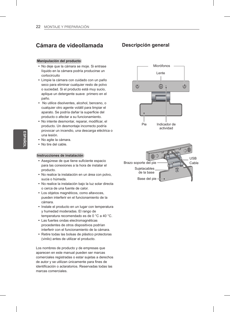 Cámara de videollamada, Descripción general | LG 55EA880V User Manual | Page 182 / 316