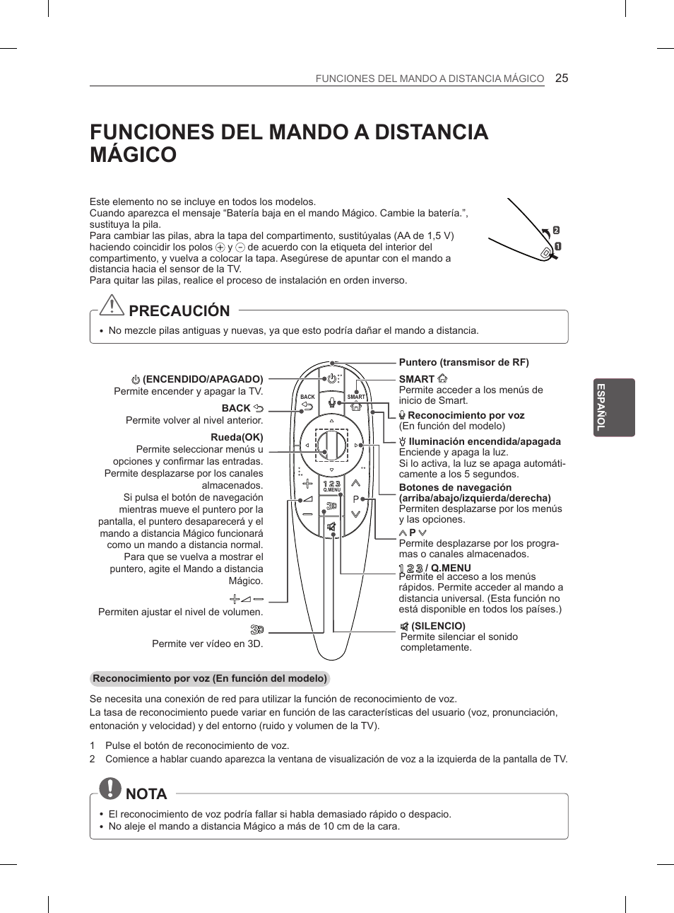 Funciones del mando a distancia mágico, Precaución, Nota | LG 55EA880V User Manual | Page 185 / 316