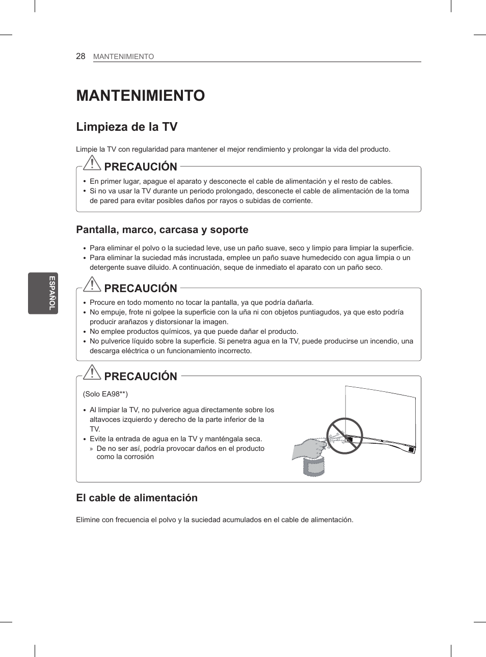 Mantenimiento, Limpieza de la tv, Precaución | Pantalla, marco, carcasa y soporte, El cable de alimentación | LG 55EA880V User Manual | Page 188 / 316