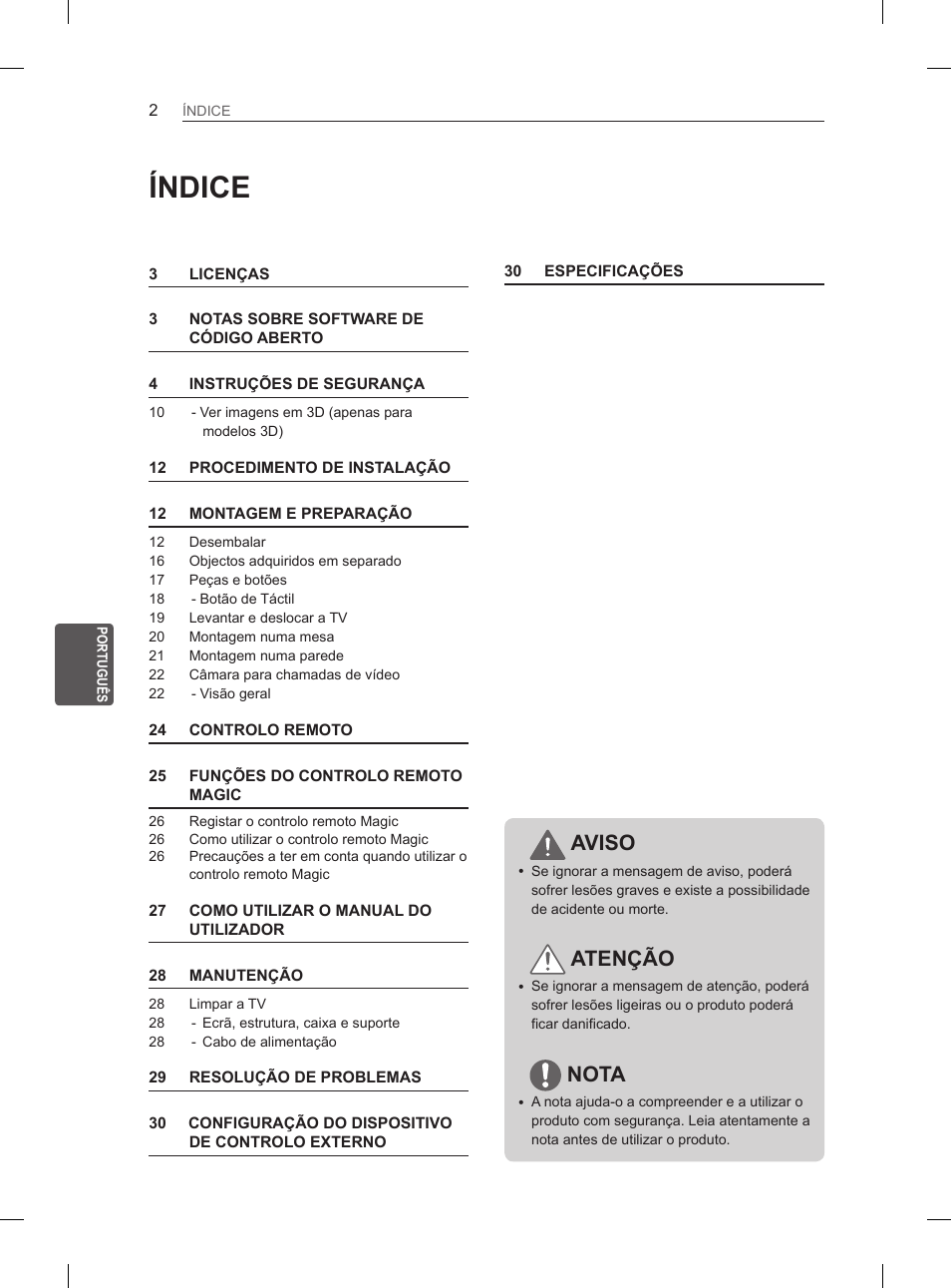 Índice, Aviso, Atenção | Nota | LG 55EA880V User Manual | Page 192 / 316