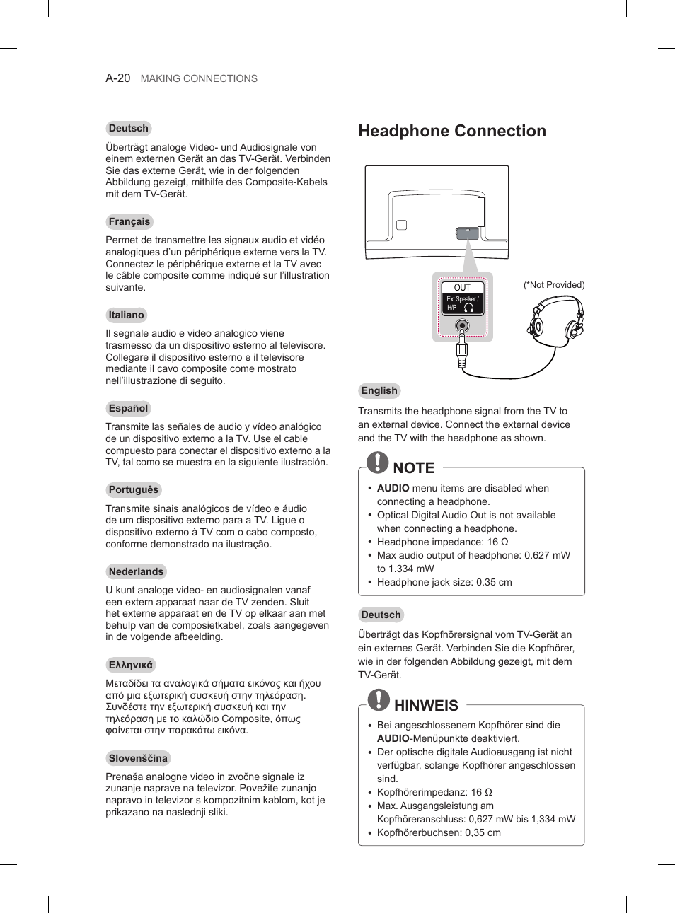 Headphone connection, Hinweis | LG 55EA880V User Manual | Page 20 / 316