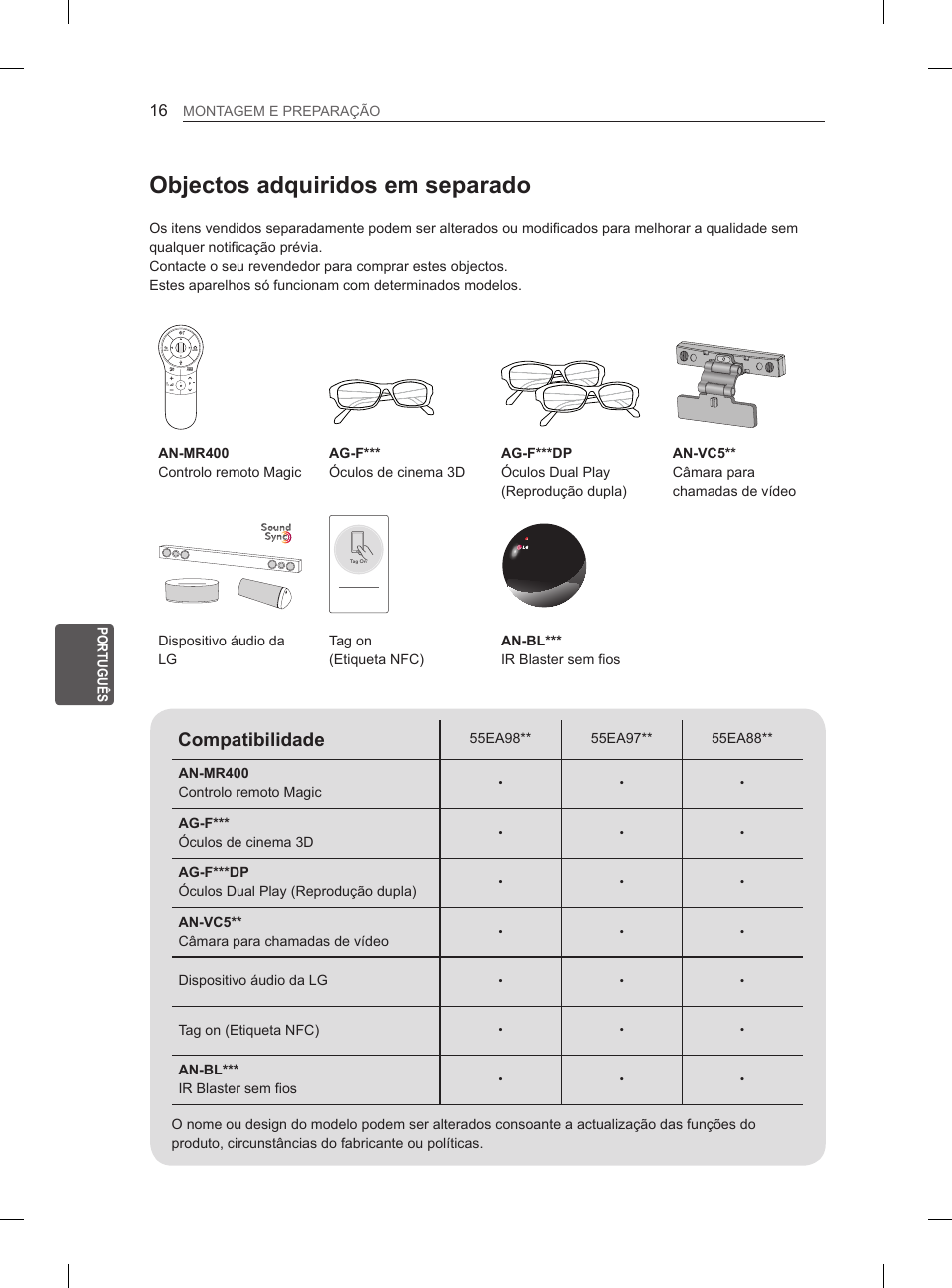 Objectos adquiridos em separado, Compatibilidade | LG 55EA880V User Manual | Page 206 / 316