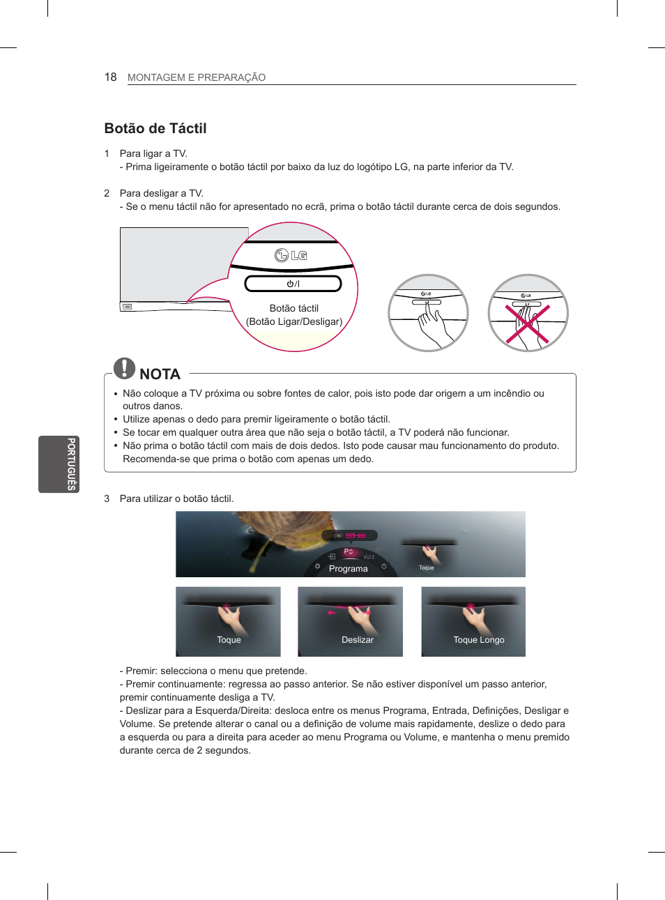 Nota, Botão de táctil | LG 55EA880V User Manual | Page 208 / 316