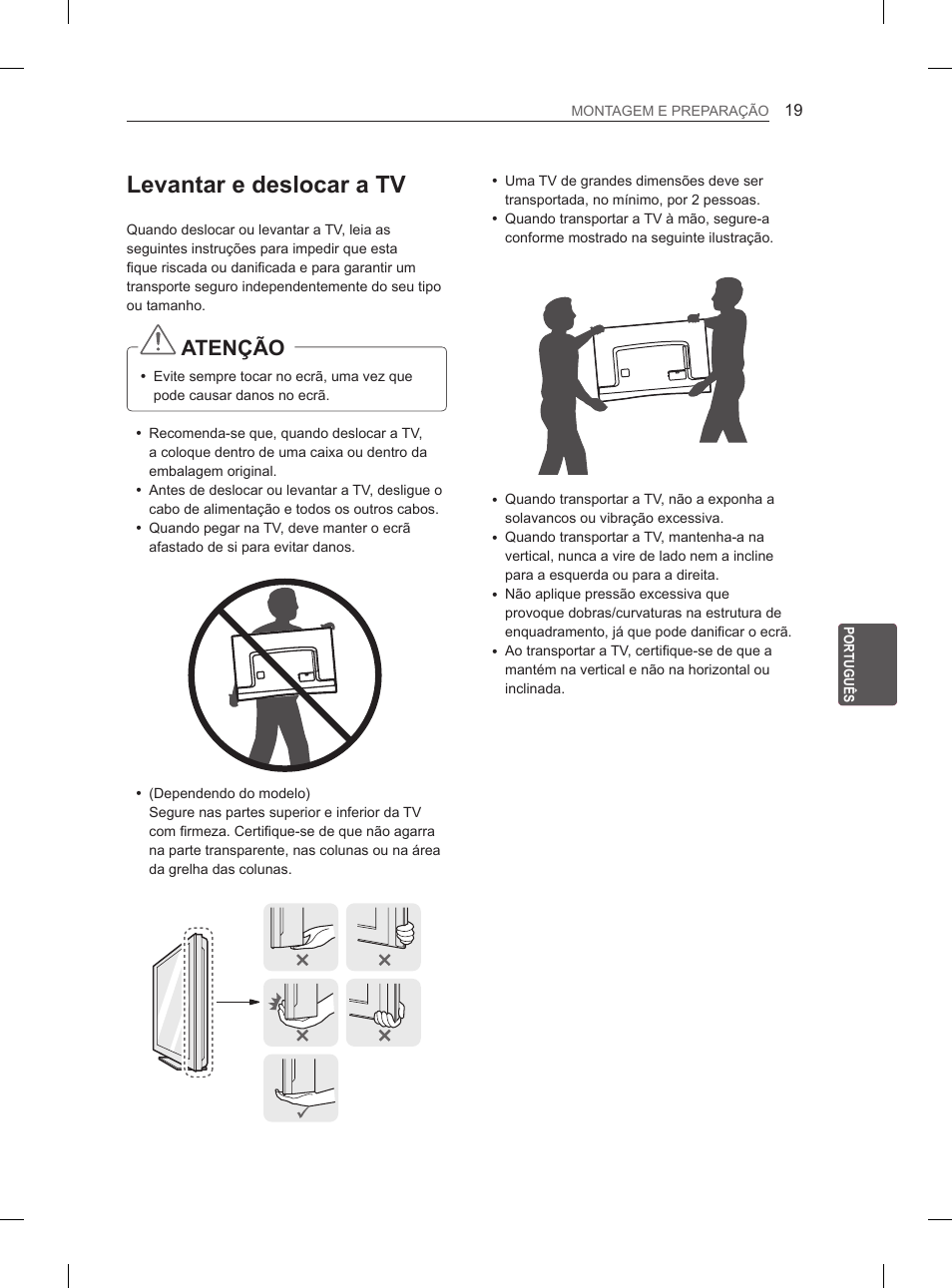 Levantar e deslocar a tv, Atenção | LG 55EA880V User Manual | Page 209 / 316