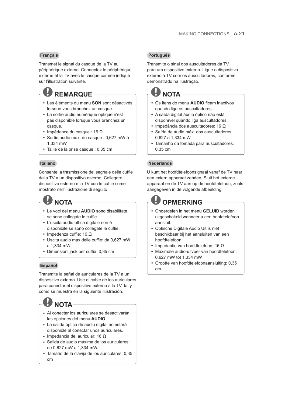 Remarque, Nota, Opmerking | LG 55EA880V User Manual | Page 21 / 316