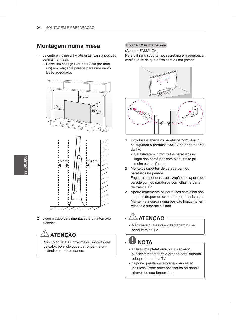 Montagem numa mesa, Atenção, Nota | LG 55EA880V User Manual | Page 210 / 316