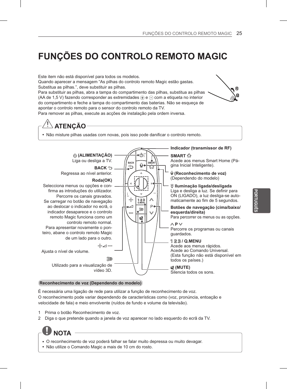 Funções do controlo remoto magic, Atenção, Nota | LG 55EA880V User Manual | Page 215 / 316