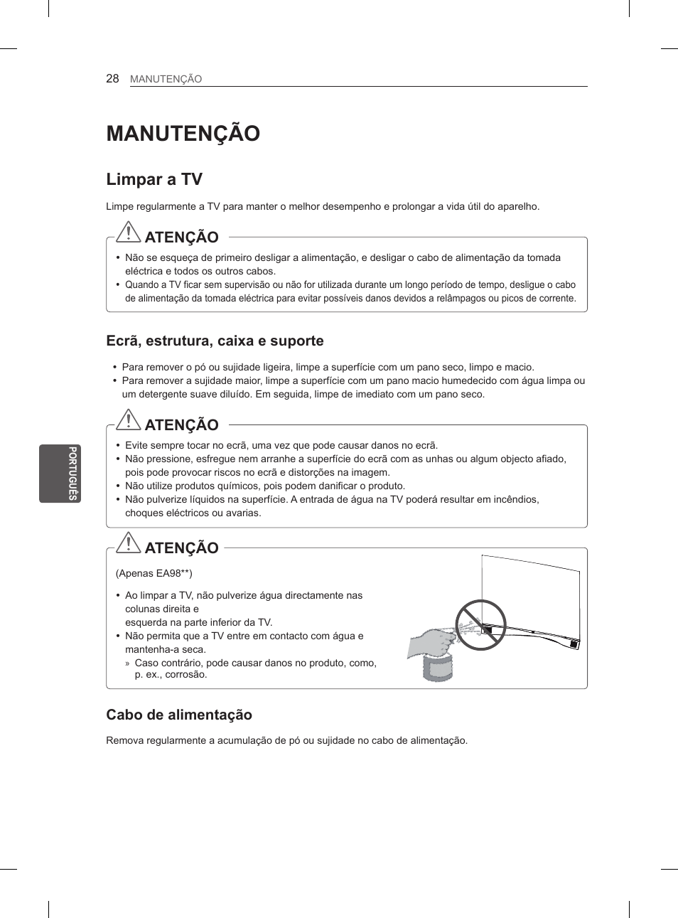 Manutenção, Limpar a tv, Atenção | Ecrã, estrutura, caixa e suporte, Cabo de alimentação | LG 55EA880V User Manual | Page 218 / 316