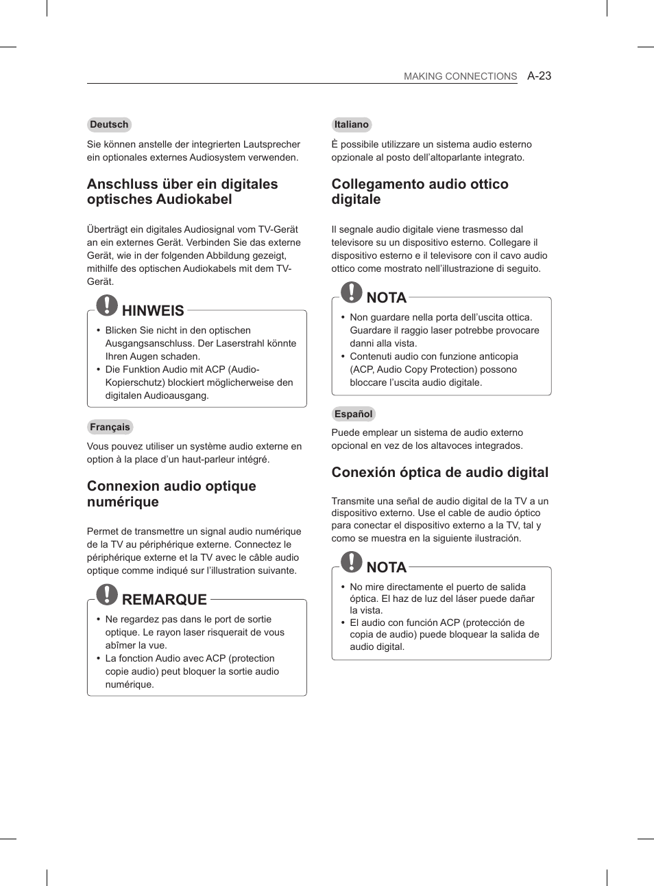 Hinweis, Remarque, Nota | Anschluss über ein digitales optisches audiokabel, Connexion audio optique numérique, Collegamento audio ottico digitale, Conexión óptica de audio digital | LG 55EA880V User Manual | Page 23 / 316