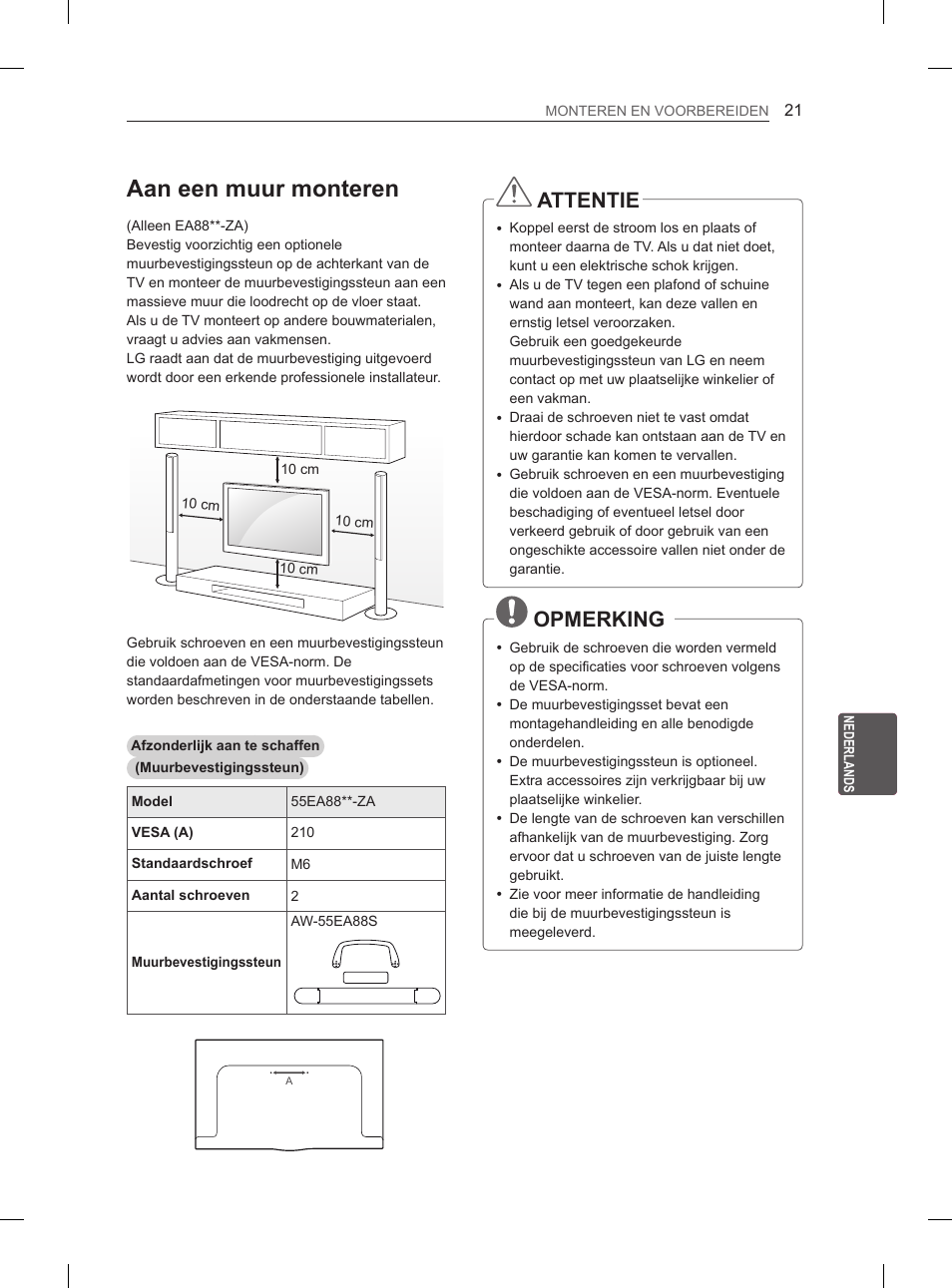 Aan een muur monteren, Attentie, Opmerking | LG 55EA880V User Manual | Page 241 / 316