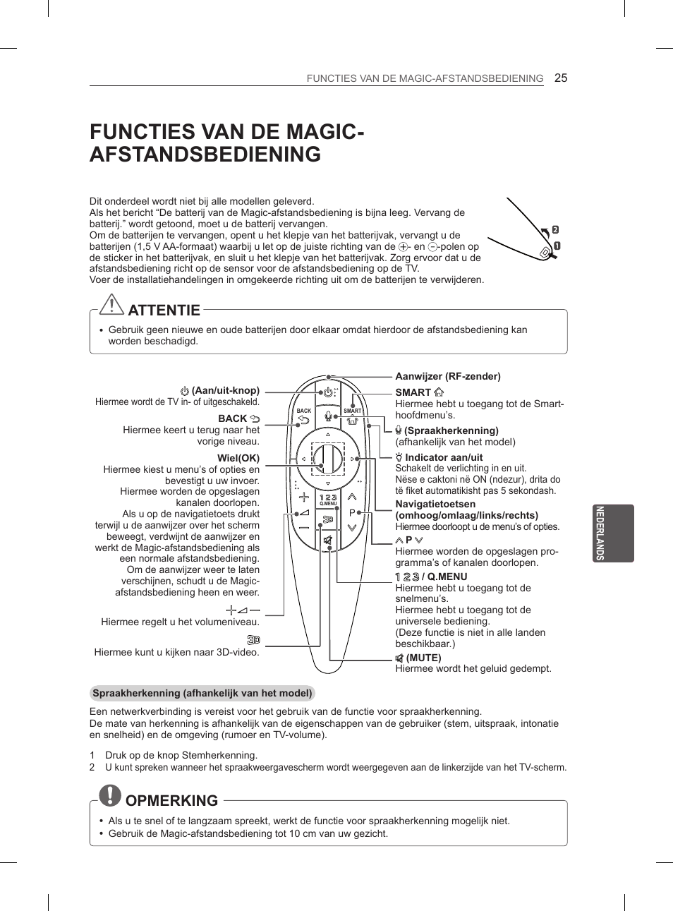 Functies van de magic- afstandsbediening, Attentie, Opmerking | LG 55EA880V User Manual | Page 245 / 316
