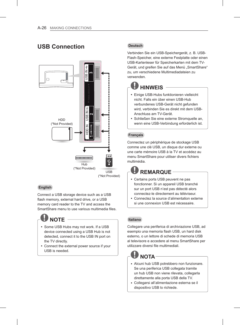 Usb connection, Hinweis, Remarque | Nota | LG 55EA880V User Manual | Page 26 / 316