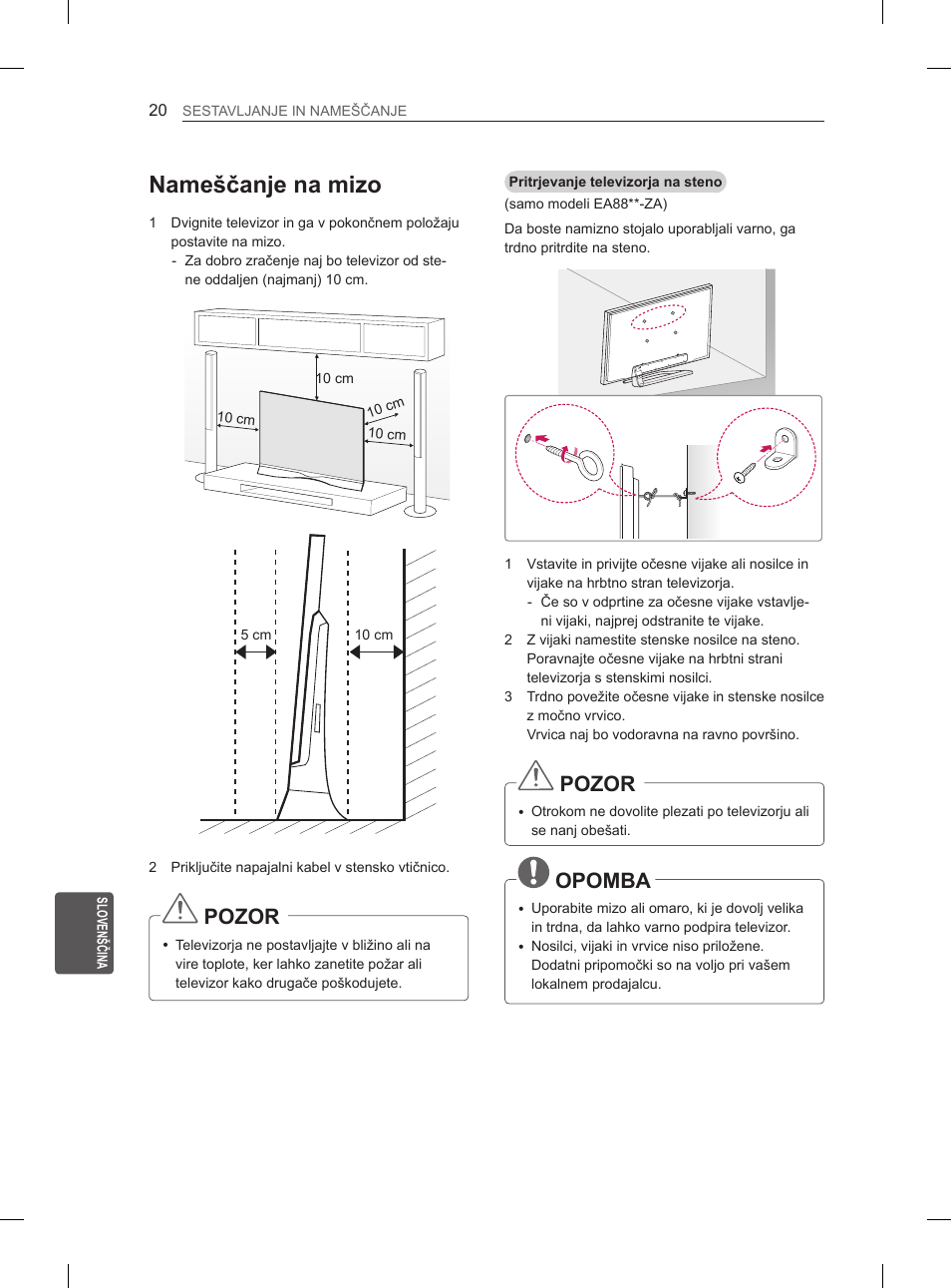 Nameščanje na mizo, Pozor, Opomba | LG 55EA880V User Manual | Page 300 / 316