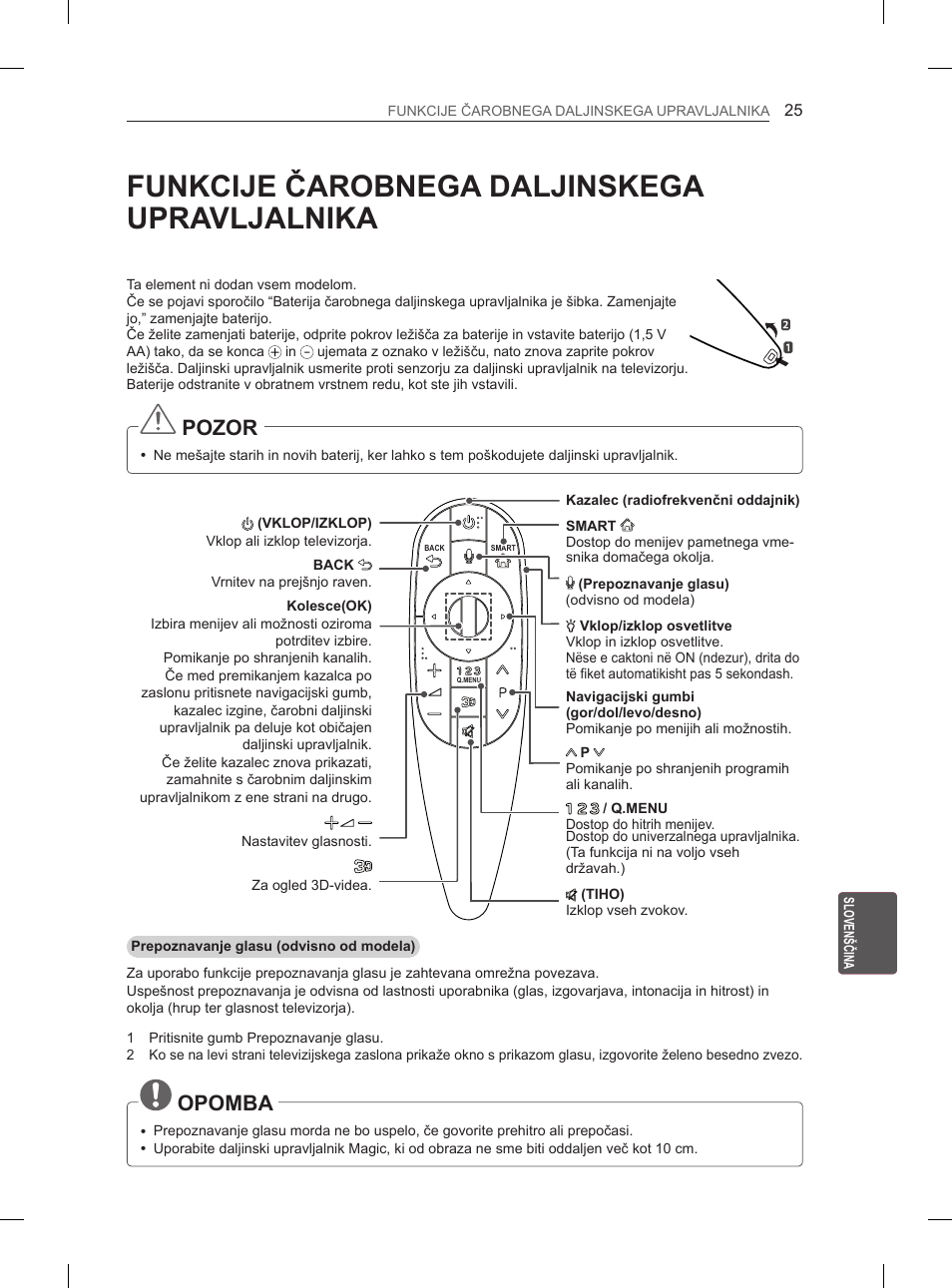 Funkcije čarobnega daljinskega upravljalnika, Pozor, Opomba | LG 55EA880V User Manual | Page 305 / 316