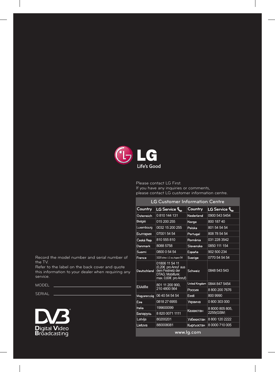 Customer information centre | LG 55EA880V User Manual | Page 316 / 316