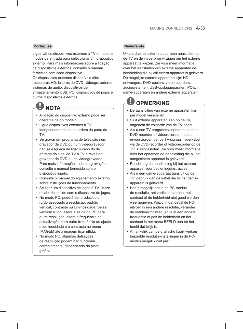 Nota, Opmerking | LG 55EA880V User Manual | Page 35 / 316