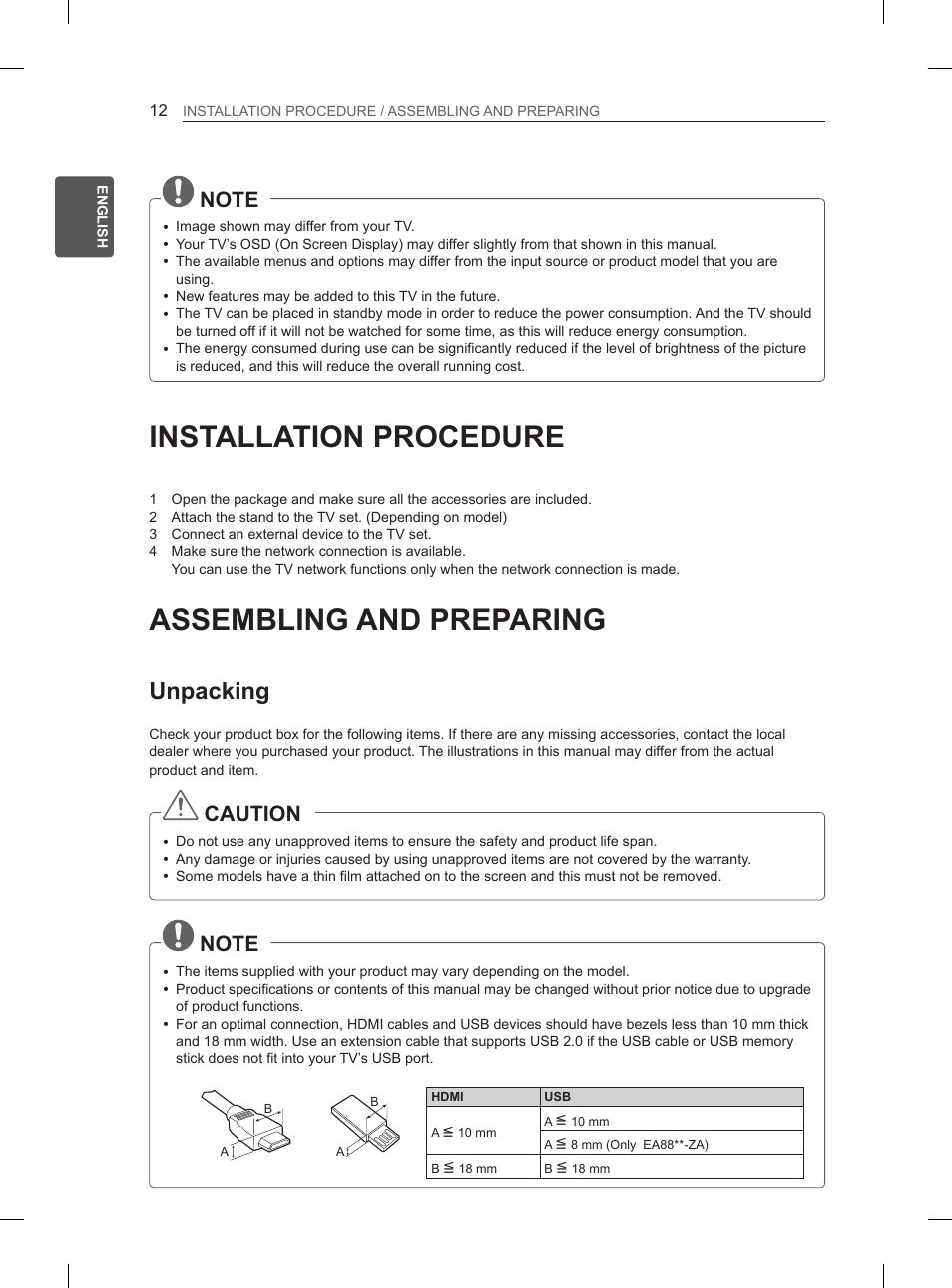 Installation procedure, Assembling and preparing, Unpacking | Caution | LG 55EA880V User Manual | Page 48 / 316