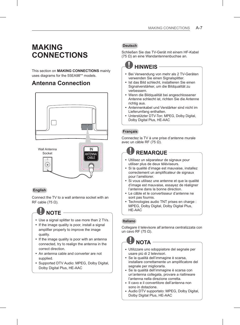 Making connections, Antenna connection, Hinweis | Remarque, Nota | LG 55EA880V User Manual | Page 7 / 316