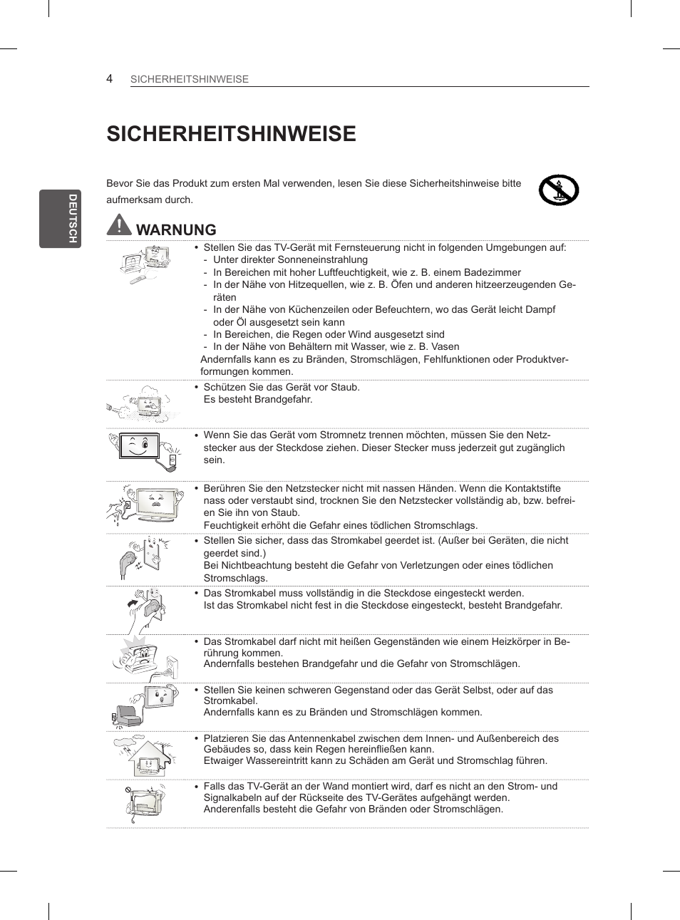 Sicherheitshinweise, Warnung | LG 55EA880V User Manual | Page 70 / 316