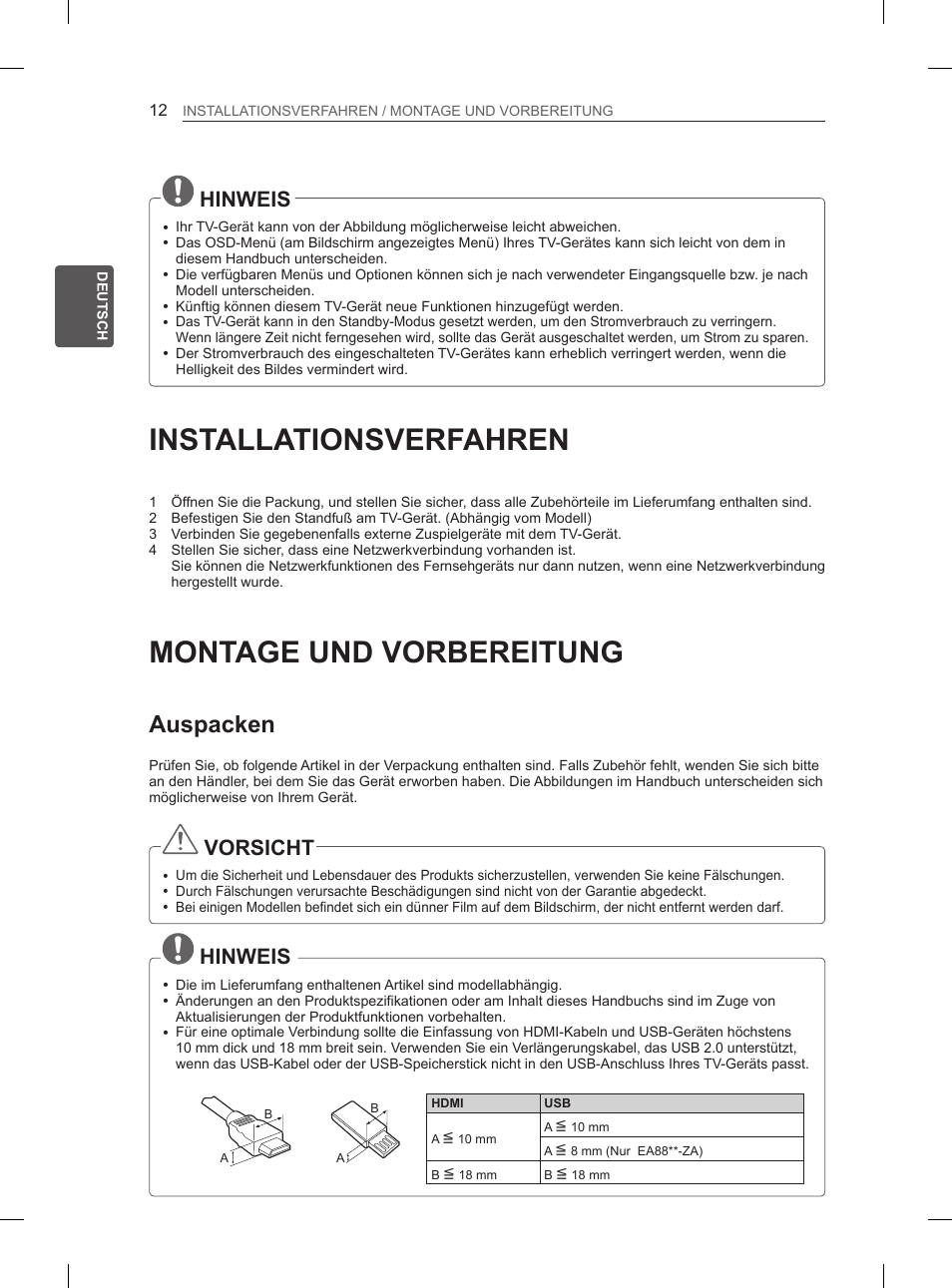 Installationsverfahren, Montage und vorbereitung, Auspacken | Hinweis, Vorsicht | LG 55EA880V User Manual | Page 78 / 316