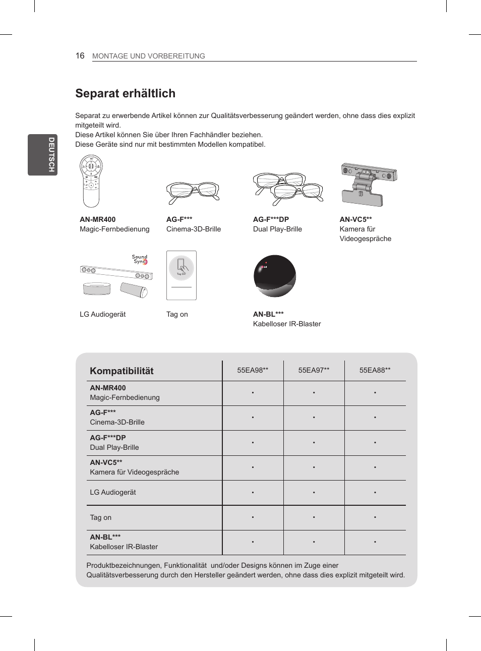Separat erhältlich, Kompatibilität | LG 55EA880V User Manual | Page 82 / 316
