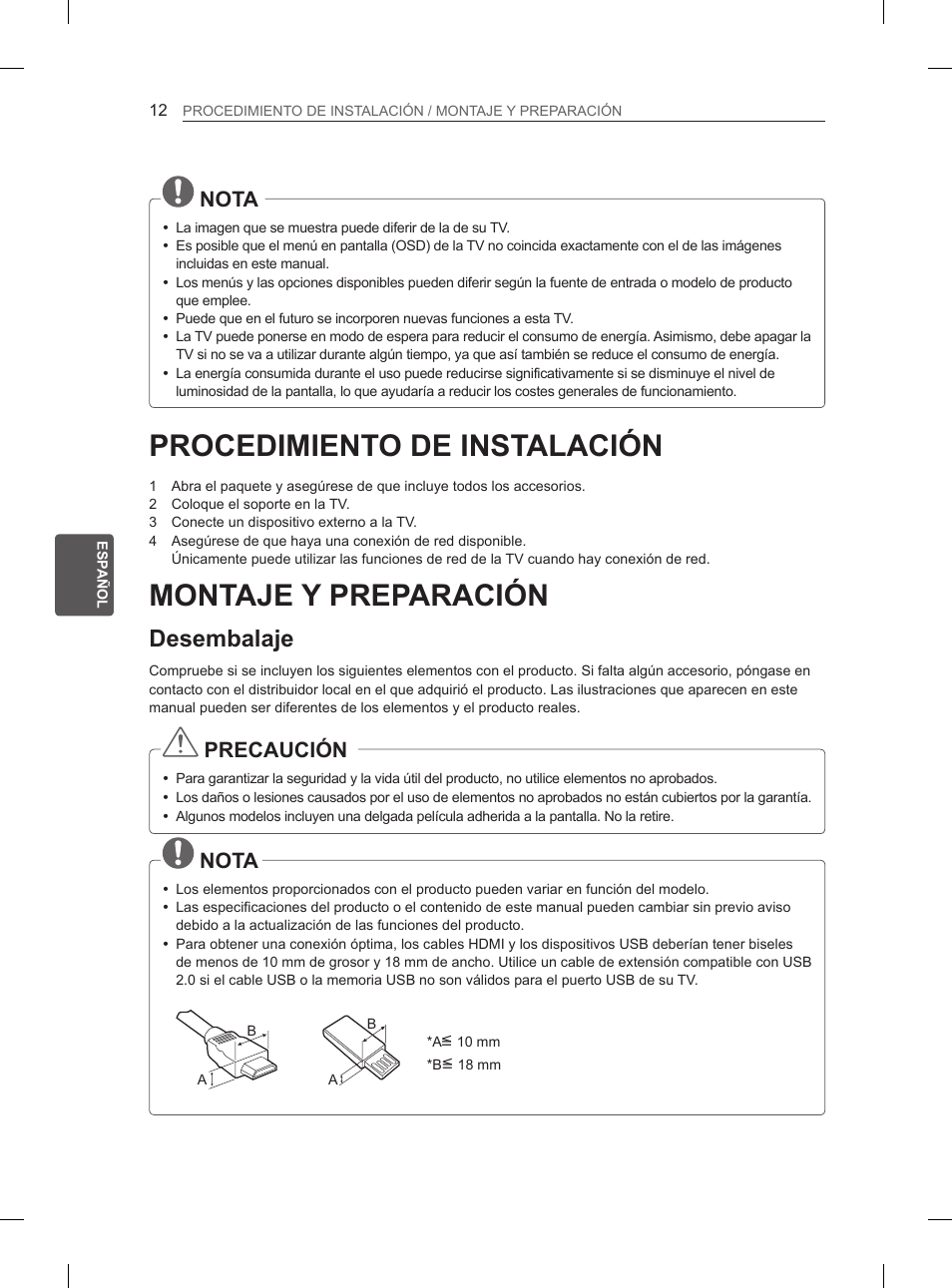 Procedimiento de instalación, Montaje y preparación, Desembalaje | Nota, Precaución | LG 47LM615S User Manual | Page 120 / 261