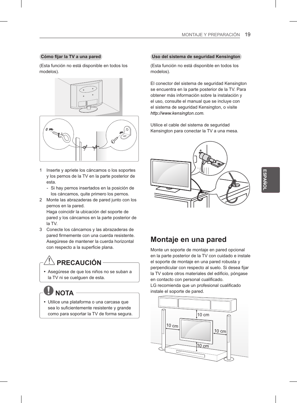 Montaje en una pared, Precaución, Nota | LG 47LM615S User Manual | Page 127 / 261