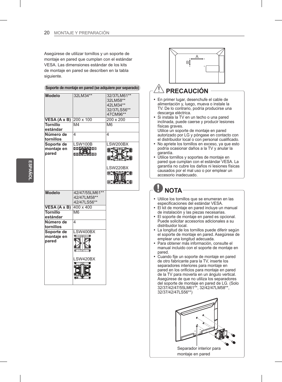 Precaución, Nota | LG 47LM615S User Manual | Page 128 / 261