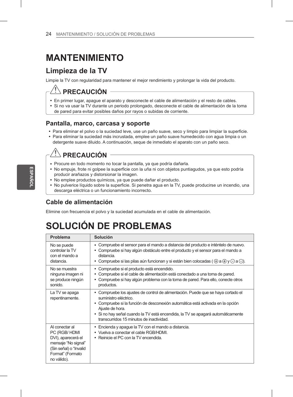 Mantenimiento, Solución de problemas, Limpieza de la tv | Precaución, Pantalla, marco, carcasa y soporte, Cable de alimentación | LG 47LM615S User Manual | Page 132 / 261