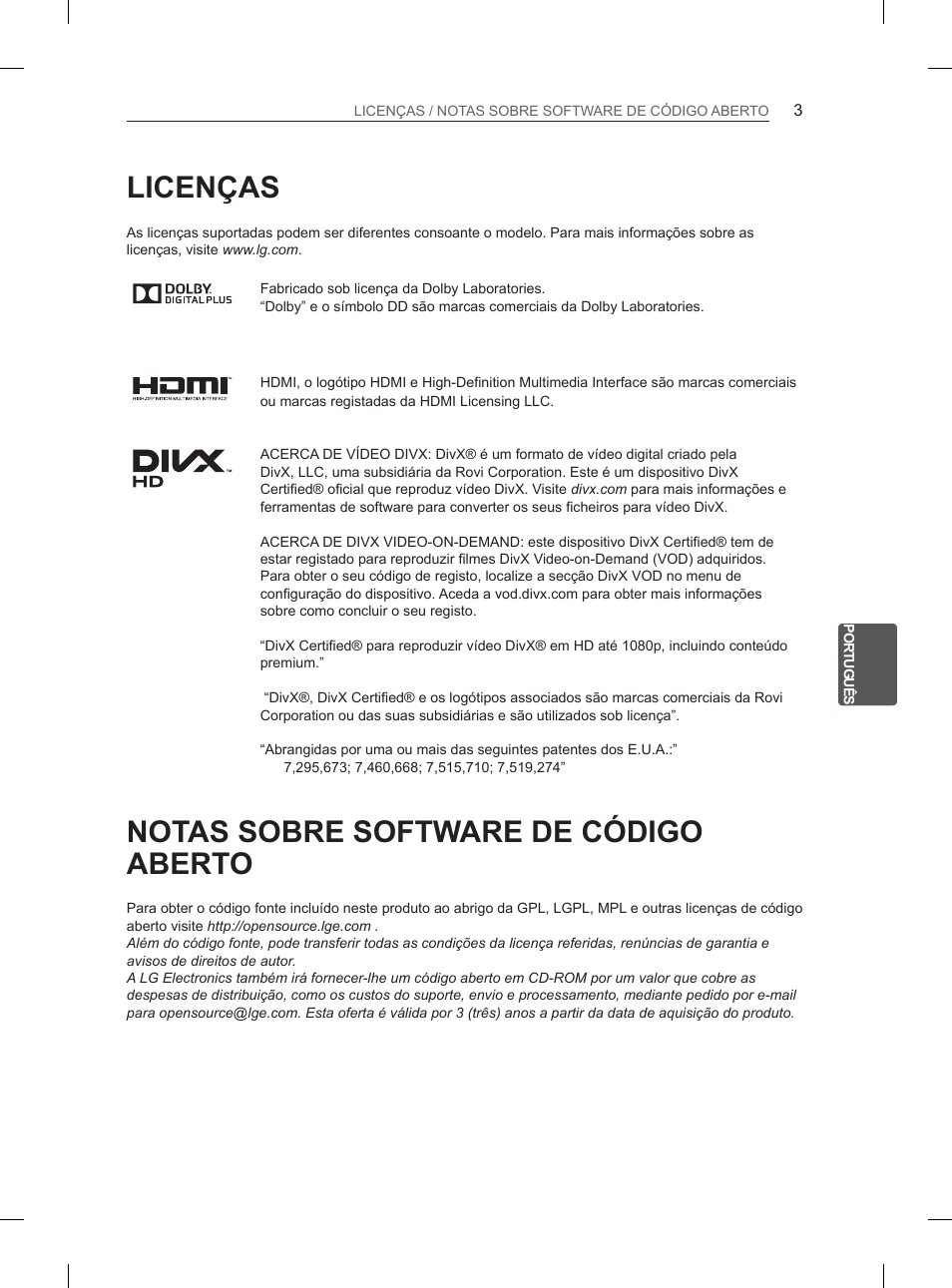 Licenças, Notas sobre software de código aberto | LG 47LM615S User Manual | Page 135 / 261