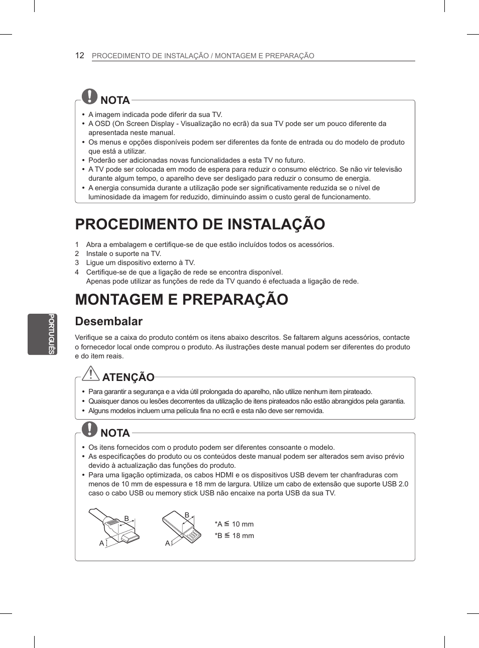 Procedimento de instalação, Montagem e preparação, Desembalar | Nota, Atenção | LG 47LM615S User Manual | Page 144 / 261