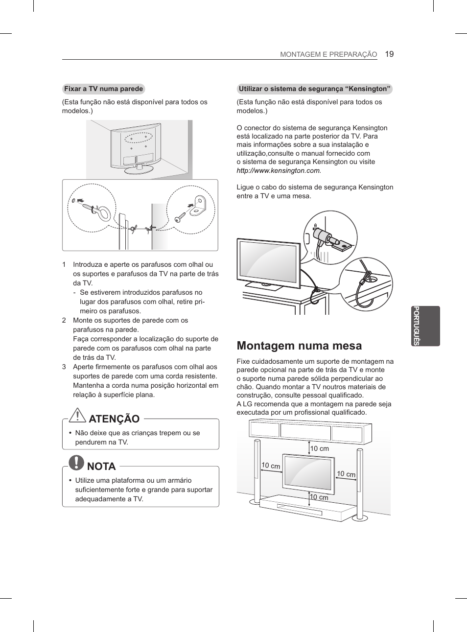 Montagem numa mesa, Atenção, Nota | LG 47LM615S User Manual | Page 151 / 261