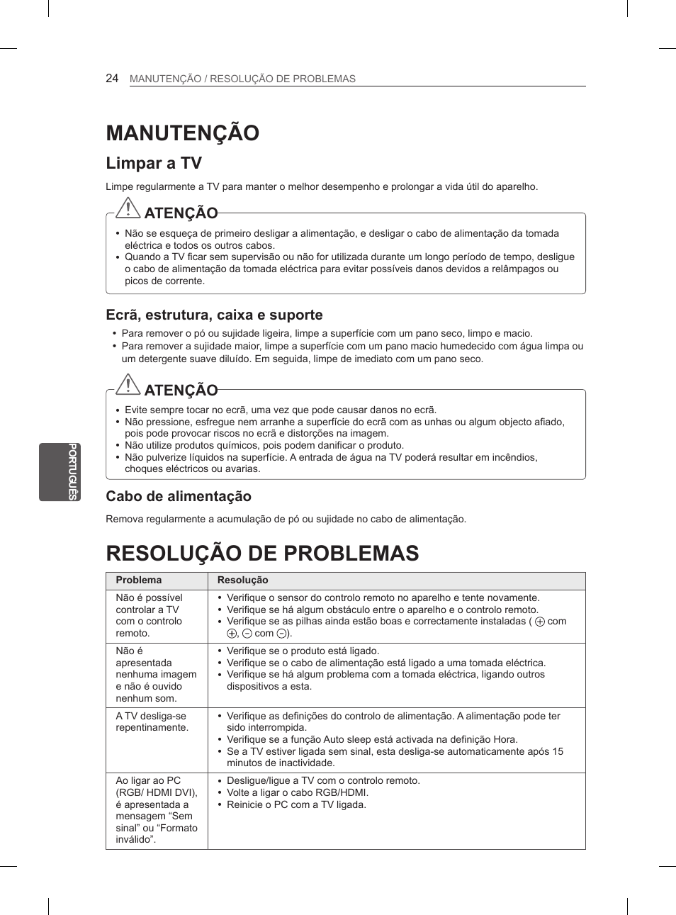 Manutenção, Resolução de problemas, Limpar a tv | Atenção, Ecrã, estrutura, caixa e suporte, Cabo de alimentação | LG 47LM615S User Manual | Page 156 / 261