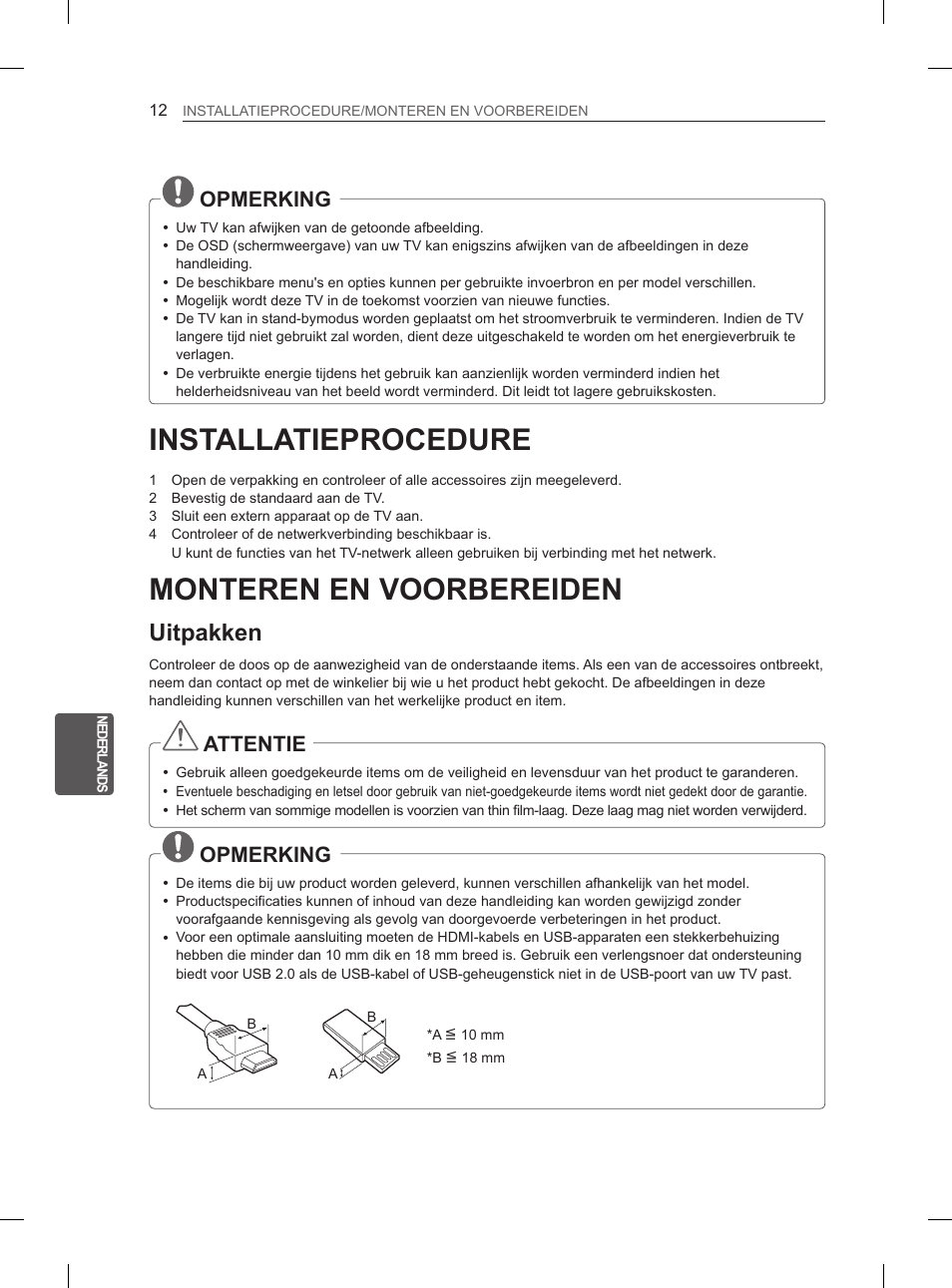 Installatieprocedure, Monteren en voorbereiden, Uitpakken | Opmerking, Attentie | LG 47LM615S User Manual | Page 168 / 261