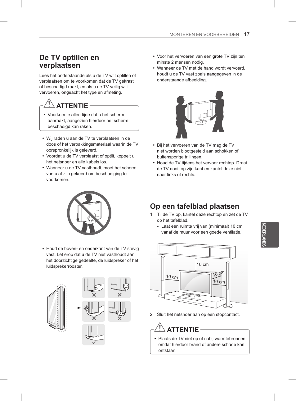 De tv optillen en verplaatsen, Op een tafelblad plaatsen, Attentie | LG 47LM615S User Manual | Page 173 / 261