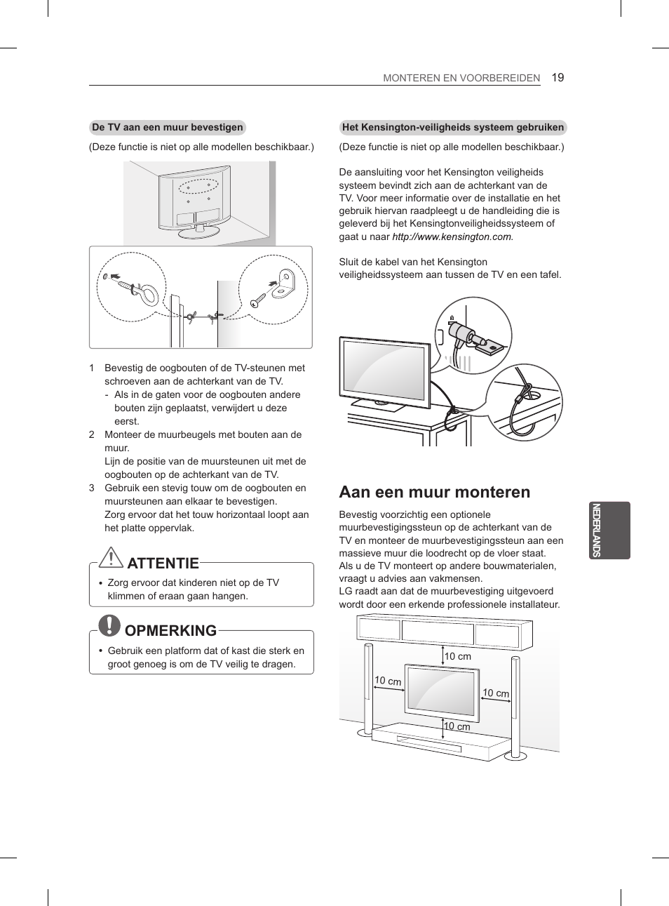 Aan een muur monteren, Attentie, Opmerking | LG 47LM615S User Manual | Page 175 / 261