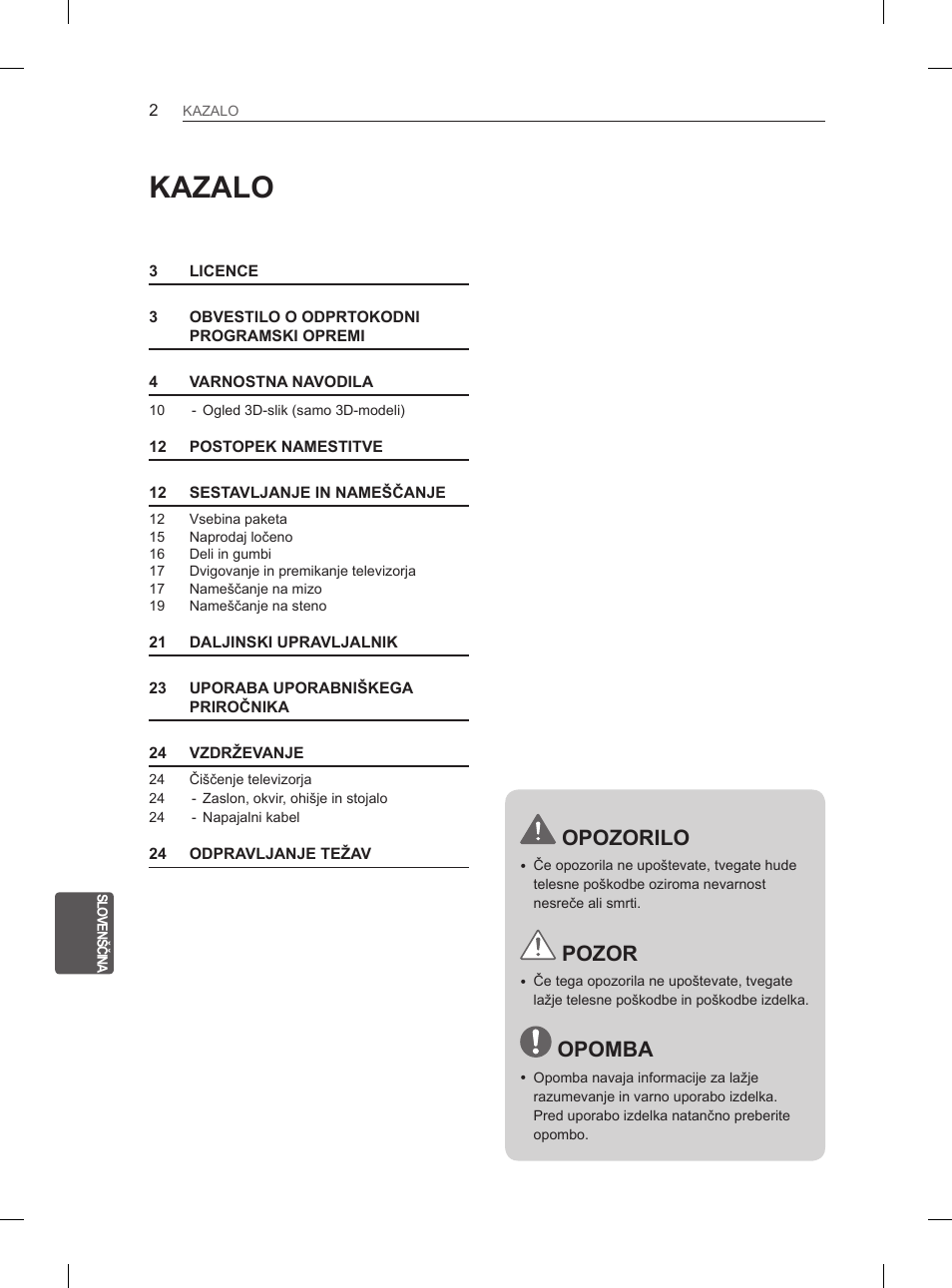 Kazalo, Opozorilo, Pozor | Opomba | LG 47LM615S User Manual | Page 206 / 261