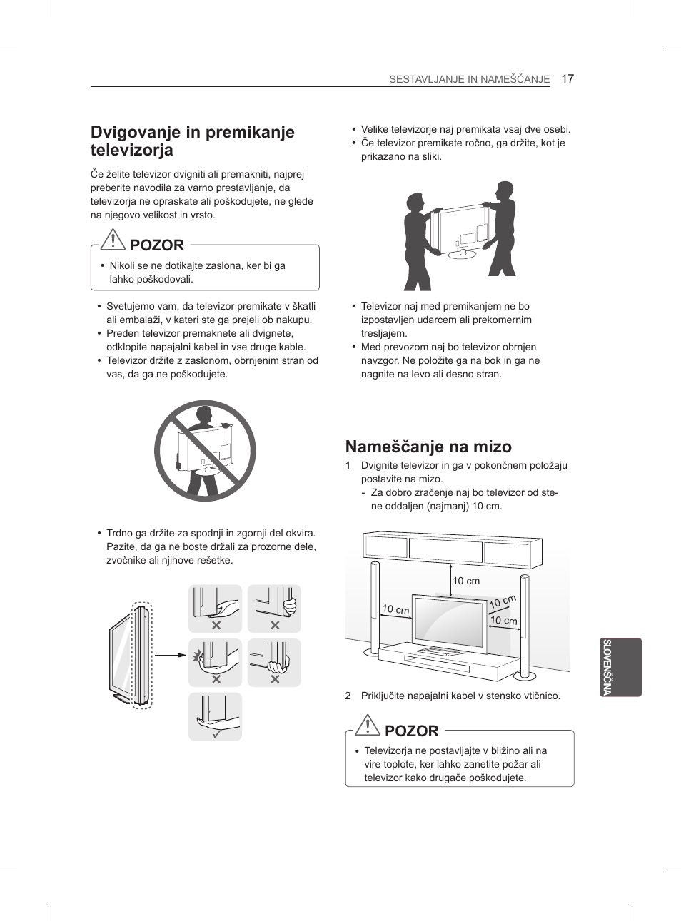 Dvigovanje in premikanje televizorja, Nameščanje na mizo, Pozor | LG 47LM615S User Manual | Page 221 / 261