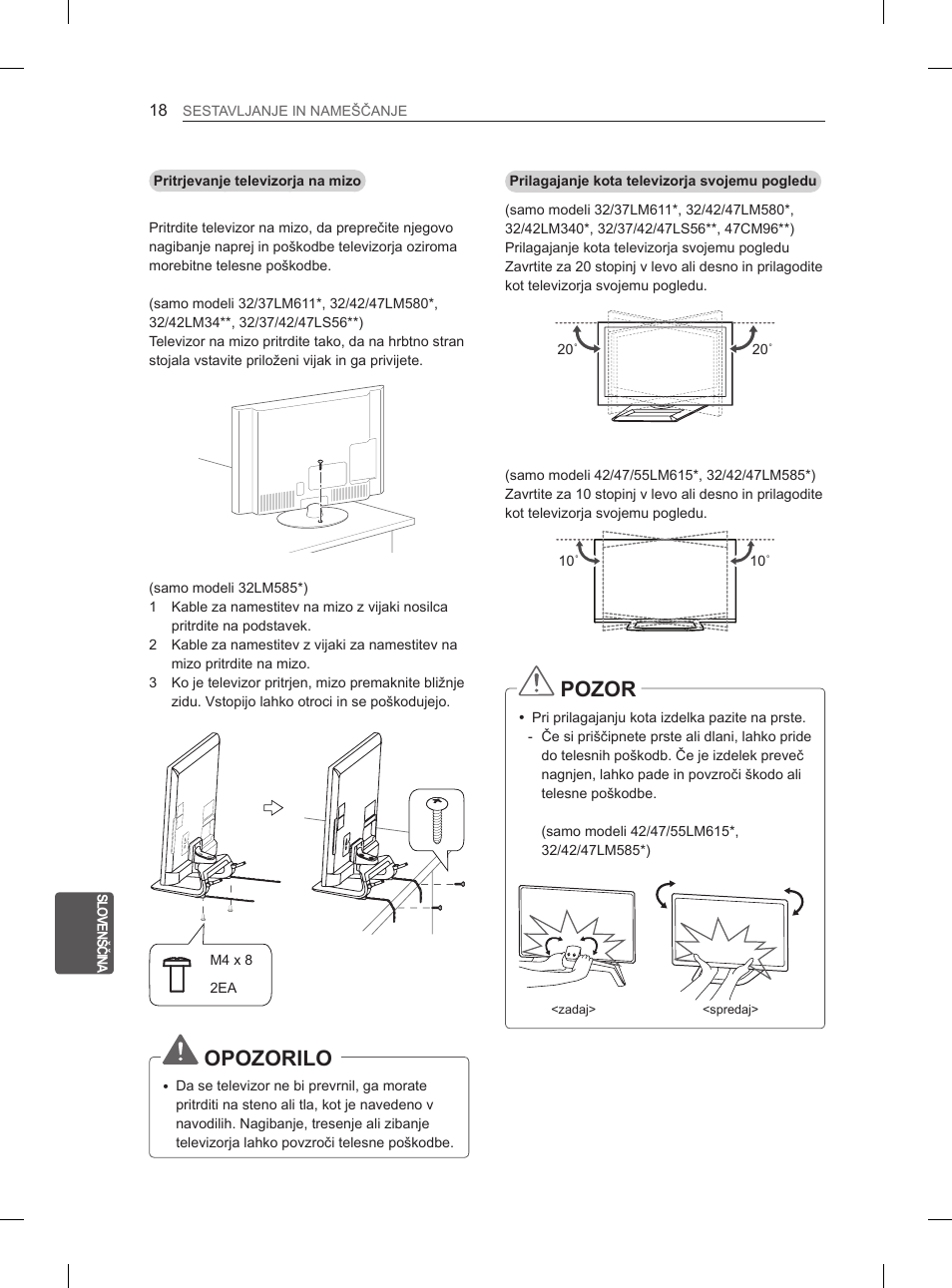 Opozorilo, Pozor | LG 47LM615S User Manual | Page 222 / 261