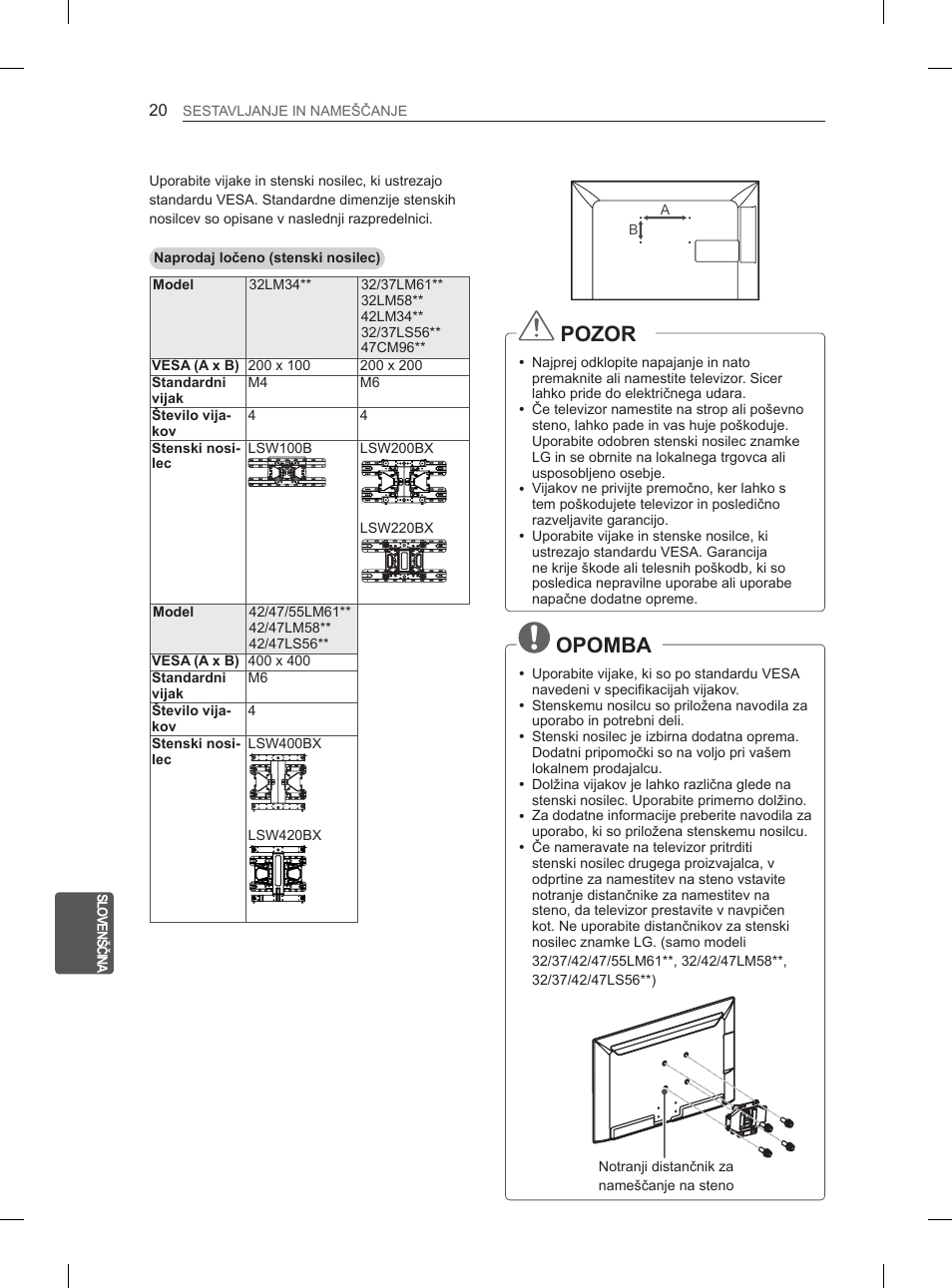 Pozor, Opomba | LG 47LM615S User Manual | Page 224 / 261